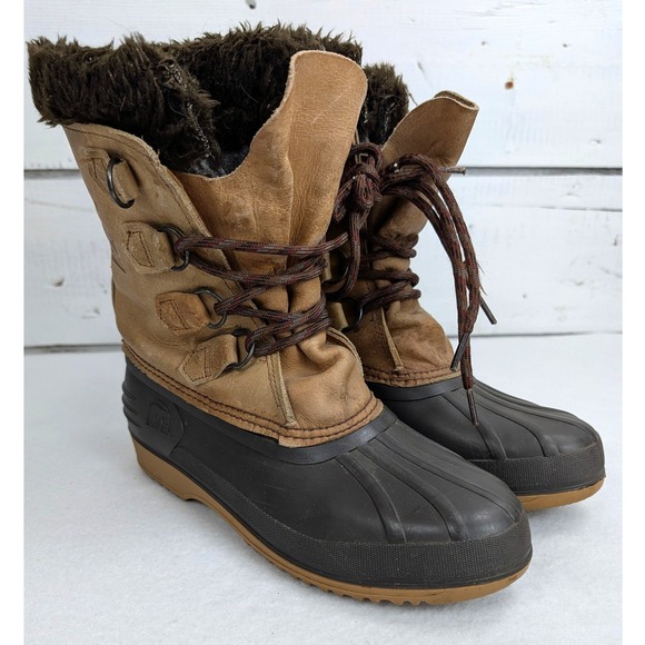 Sorel Shoes - Sorel Womens 8 Tan Leather Rubber Pac Winter Snow Boots Removable Felt Liners
